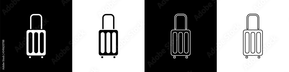 Set Suitcase for travel icon isolated on black and white background. Traveling baggage sign. Travel 