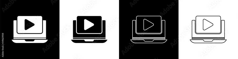 Set Online play video icon isolated on black and white background. Laptop and film strip with play s