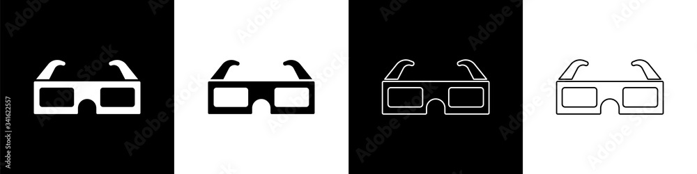 Set 3D cinema glasses icon isolated on black and white background.  Vector Illustration