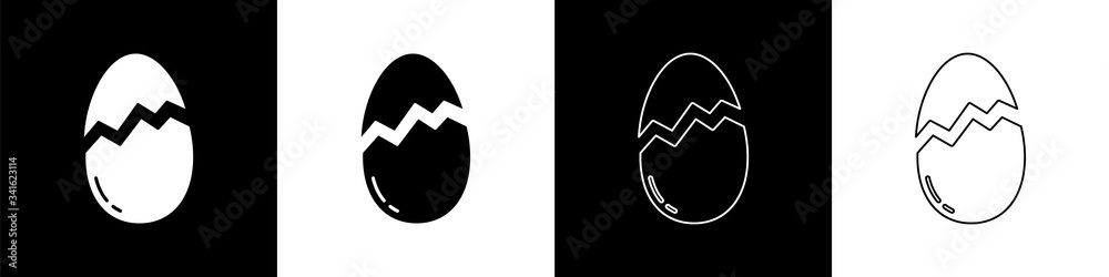 Set Broken egg icon isolated on black and white background. Happy Easter.  Vector Illustration