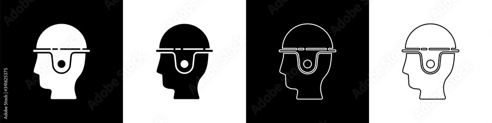 Set Worker safety helmet icon isolated on black and white background.  Vector Illustration