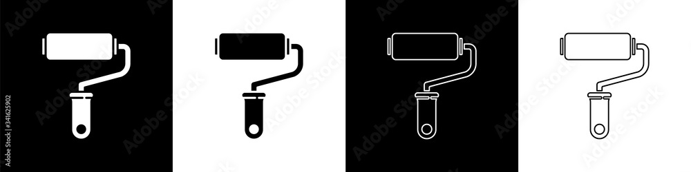 Set Paint roller brush icon isolated on black and white background.  Vector Illustration