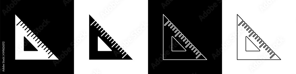 设置隔离在黑白背景上的三角形标尺图标。斜视符号。几何符号
