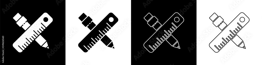 将十字尺和铅笔图标隔离在黑白背景上。斜视符号。Drawi