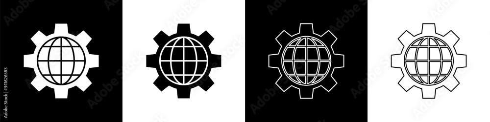 设置地球仪和齿轮或齿轮图标，隔离在黑白背景上。设置参数