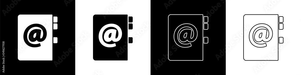 Set Address book icon isolated on black and white background. Notebook, address, contact, directory,