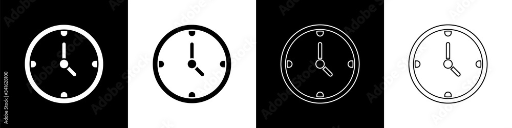 设置隔离在黑白背景上的时钟图标。时间符号。矢量插图