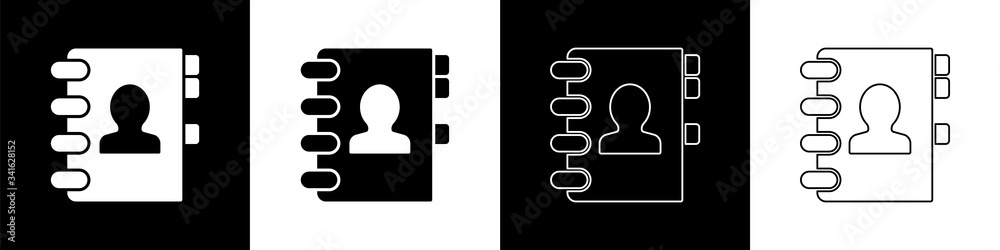 Set Address book icon isolated on black and white background. Notebook, address, contact, directory,