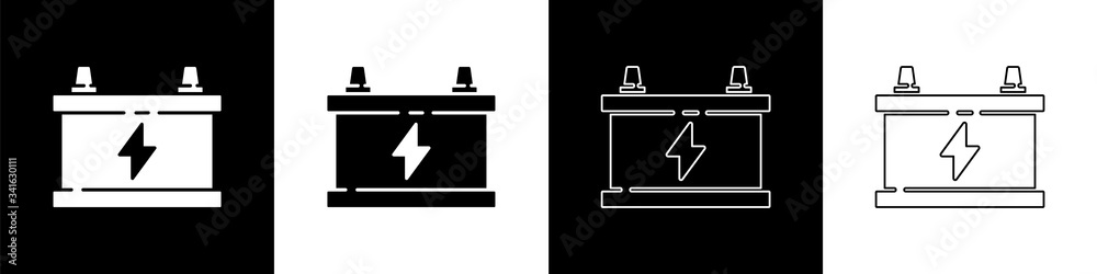 将汽车电池图标隔离在黑白背景上。蓄电池能量电源和el