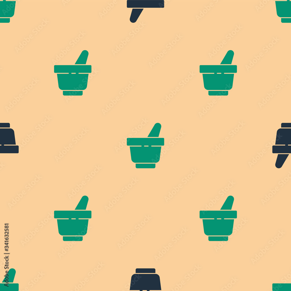 Green and black Mortar and pestle icon isolated seamless pattern on beige background.  Vector Illust