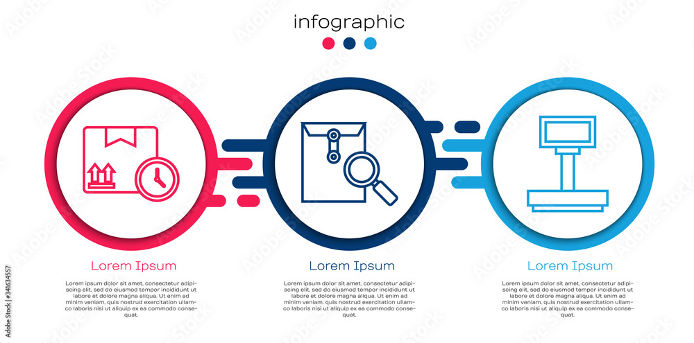 Set line Cardboard box and fast time, Envelope with magnifying glass and Scale. Business infographic