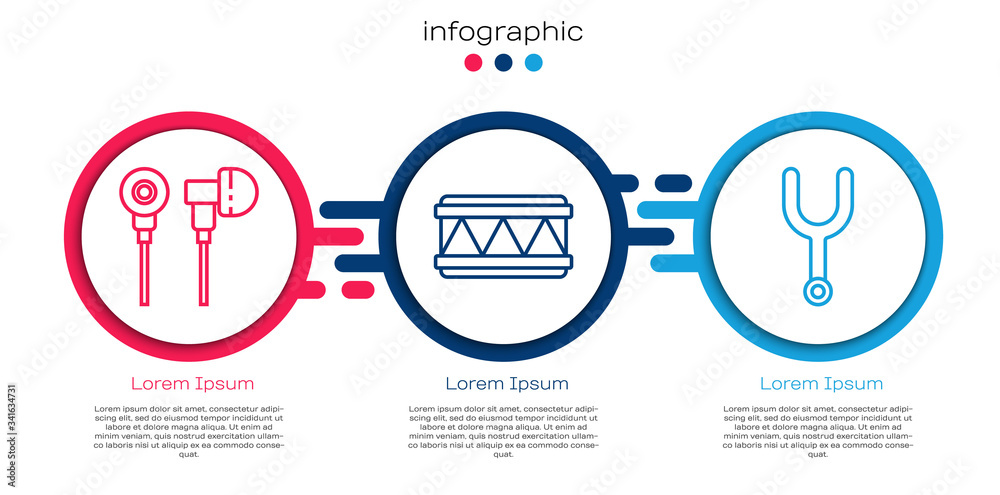 Set line Air耳机，Drum and Musical音叉。商业信息图模板。Vector