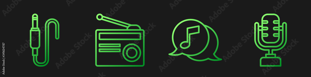 Set line Musical note in speech bubble, Audio jack, Radio with antenna and Microphone. Gradient colo