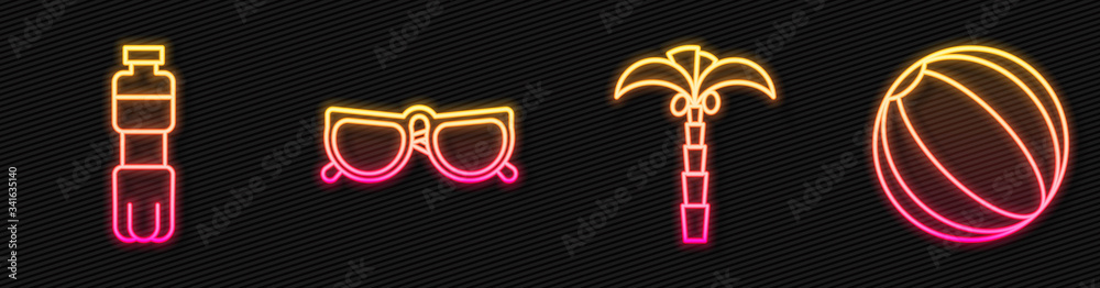 Set line Tropical palm tree, Bottle of water, Glasses and Beach ball. Glowing neon icon. Vector