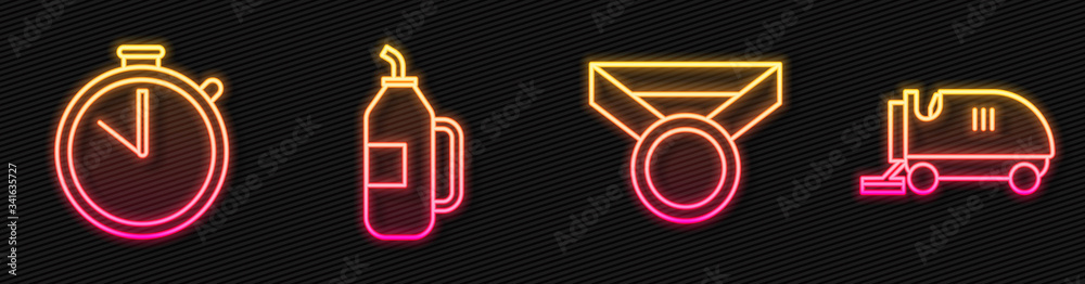 Set line Medal, Stopwatch, Fitness shaker and Ice resurfacer. Glowing neon icon. Vector