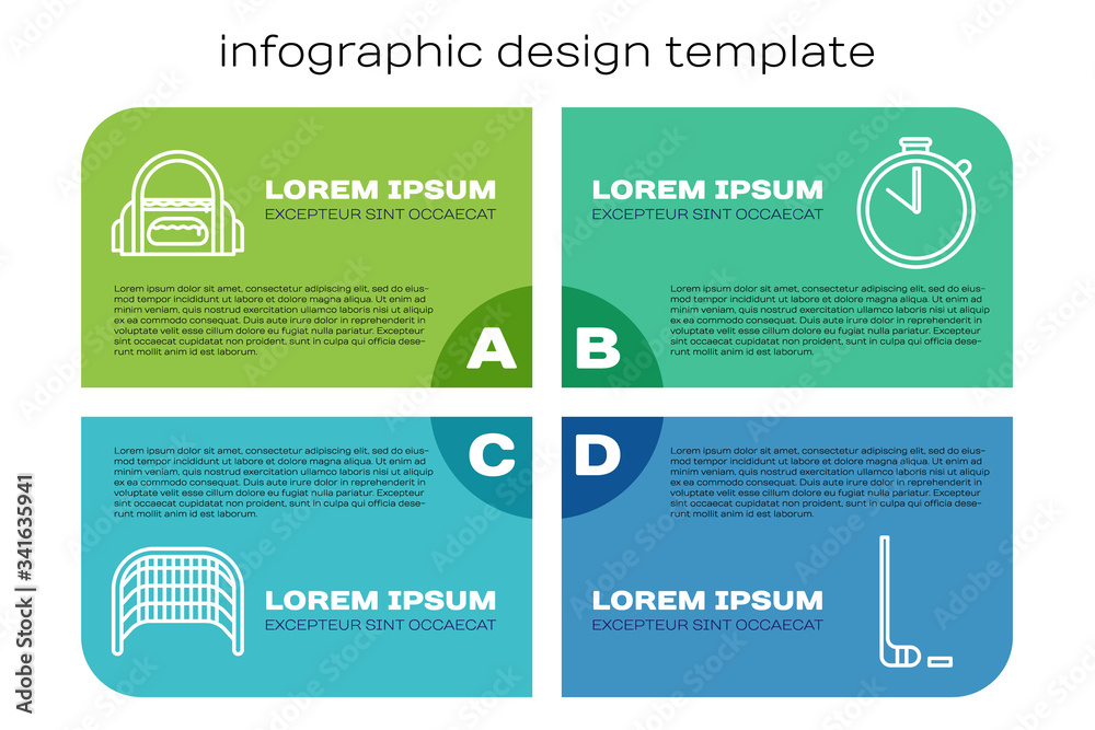 Set line Ice hockey goal, Sport bag, Ice hockey stick and puck and Stopwatch. Business infographic t