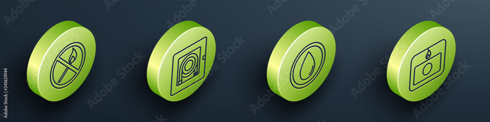 Set Isometric No fire match, Fire hose cabinet, Water drop and Fire alarm system icon. Vector