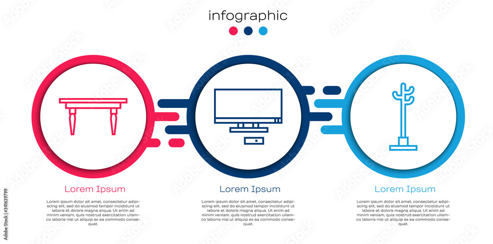 Set line Wooden table, Smart Tv and Coat stand. Business infographic template. Vector