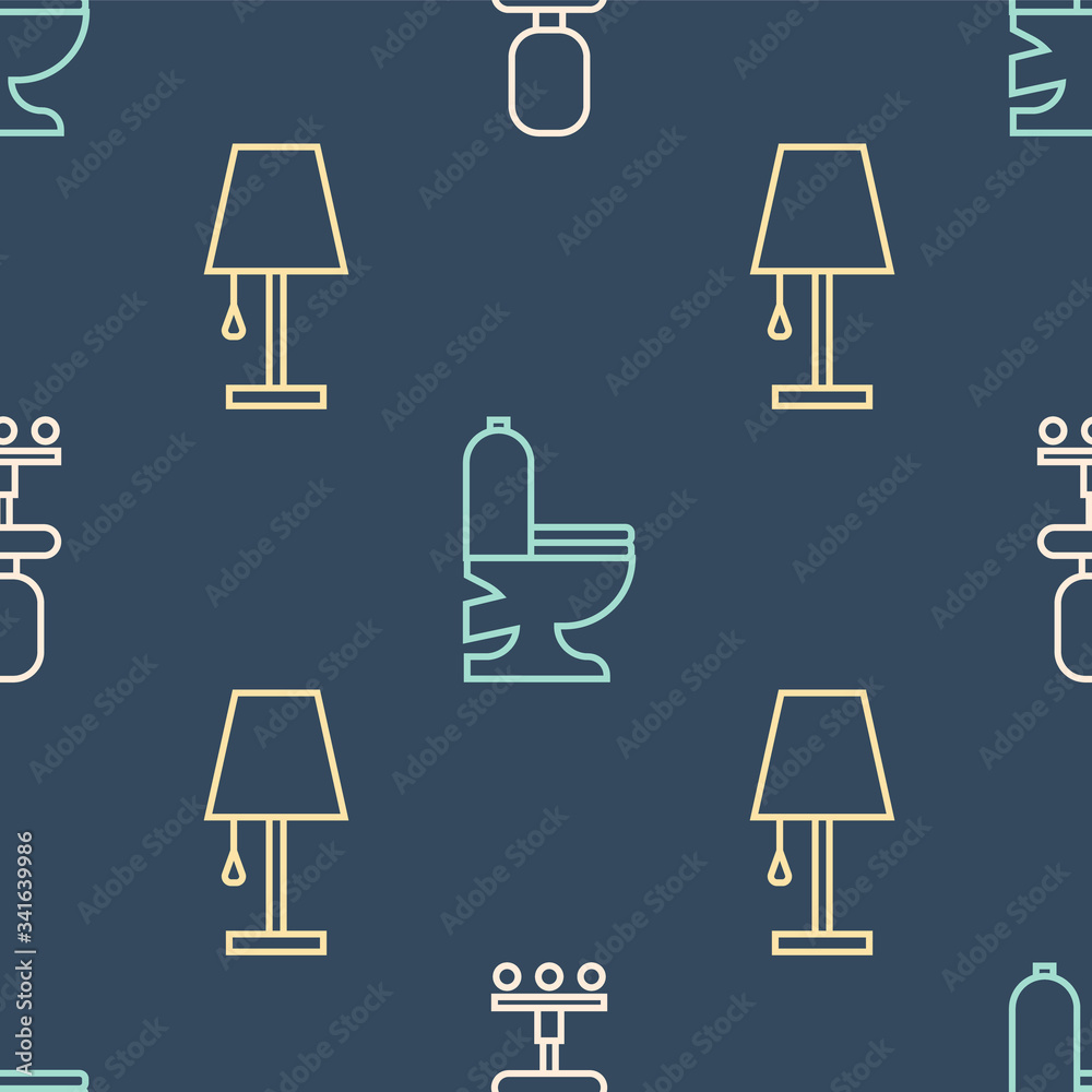 Set line Office chair, Table lamp and Toilet bowl on seamless pattern. Vector