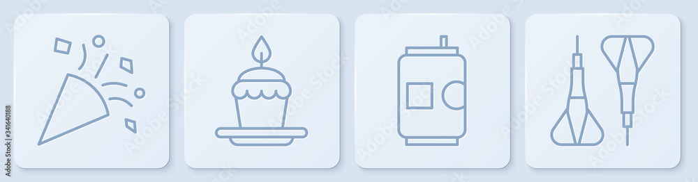 Set line Festive confetti, Beer can, Cake with burning candles and Dart arrow. White square button. 