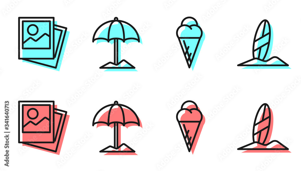 Set line Ice cream in waffle cone, Photo, Sun protective umbrella for beach and Surfboard icon. Vect