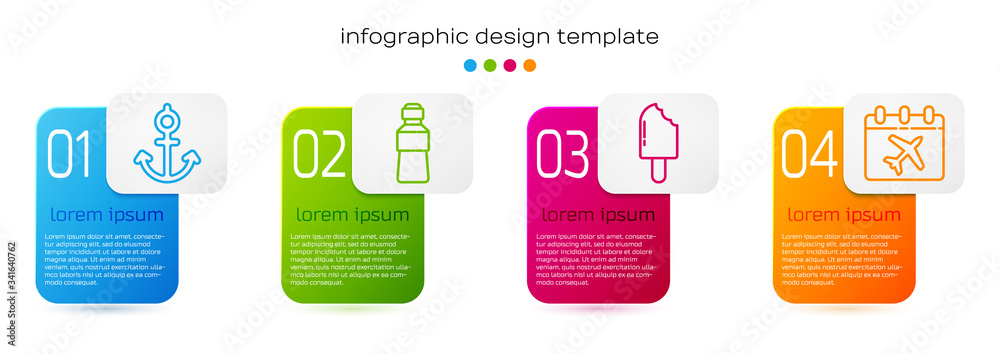 Set line Anchor, Bottle of water, Ice cream and Calendar and airplane. Business infographic template