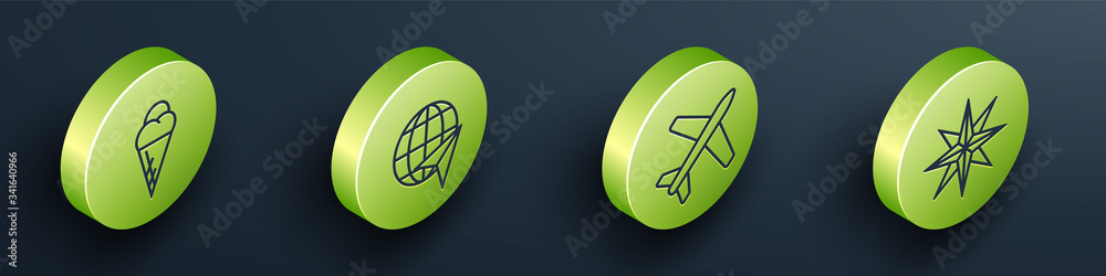 Set Isometric Ice cream in waffle cone, Globe with flying plane, Plane and Wind rose icon. Vector