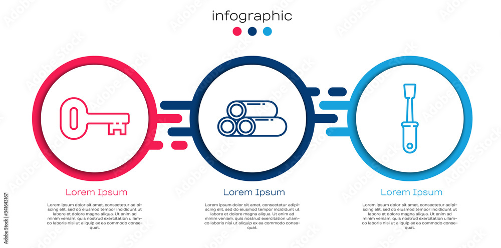 Set line Old key, Industry metallic pipe and Screwdriver. Business infographic template. Vector