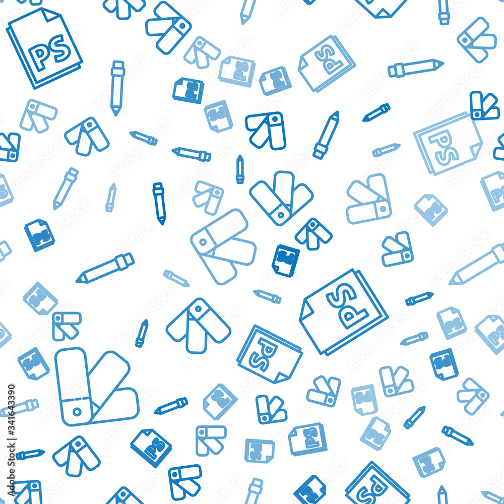 Set line Color palette guide, PS File document and Pencil with eraser on seamless pattern. Vector