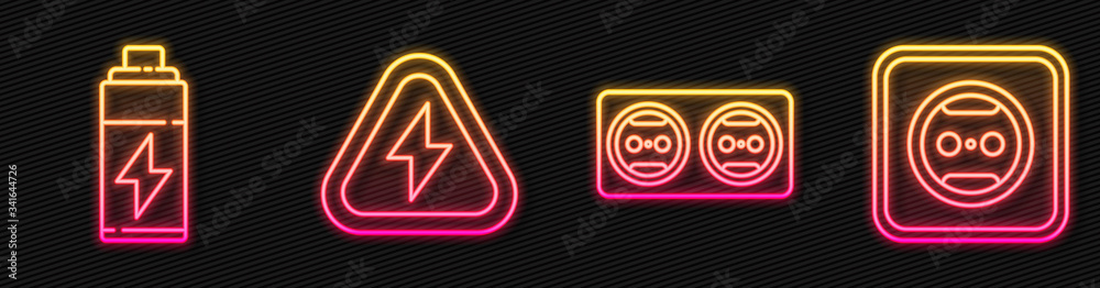 Set line Electrical outlet, Battery, High voltage and Electrical outlet. Glowing neon icon. Vector