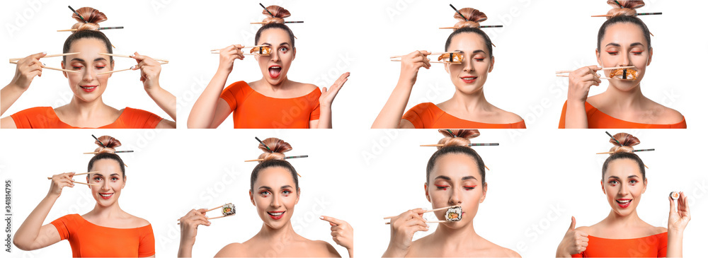 Set of beautiful woman with chopsticks on white background