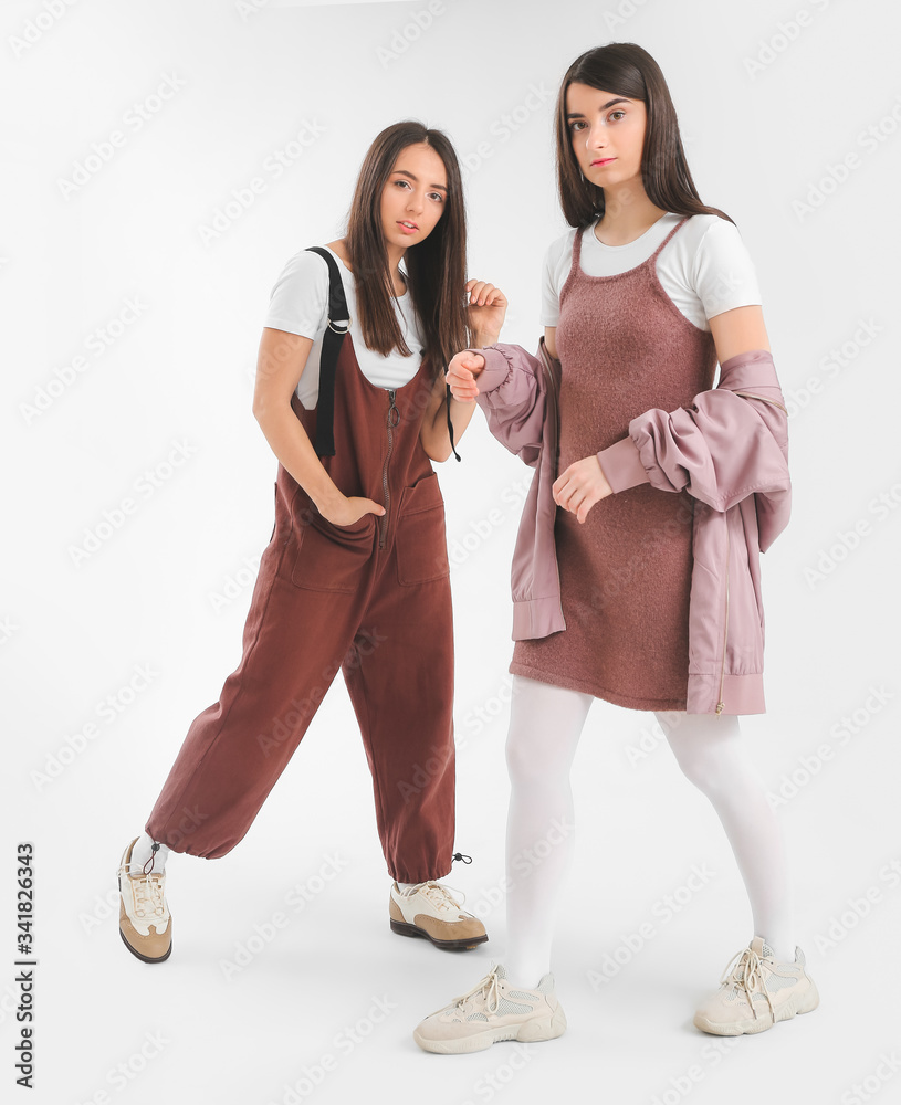 Stylish young women on white background