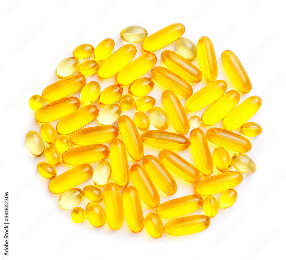 Fish oil capsules on white background