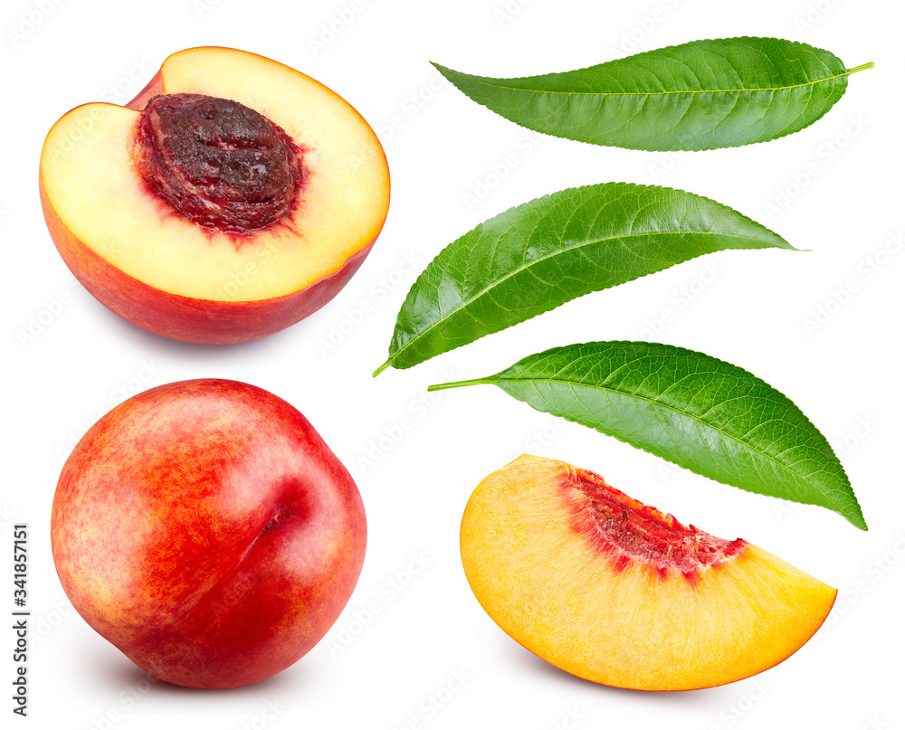 Ripe peach fruit and slice with leaf