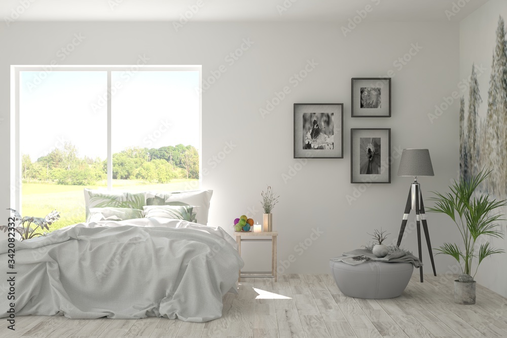 Stylish bedroom in white color with summer landscape in window. Scandinavian interior design. 3D ill