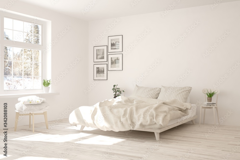 White bedroom interior. Scandinavian design. 3D illustration