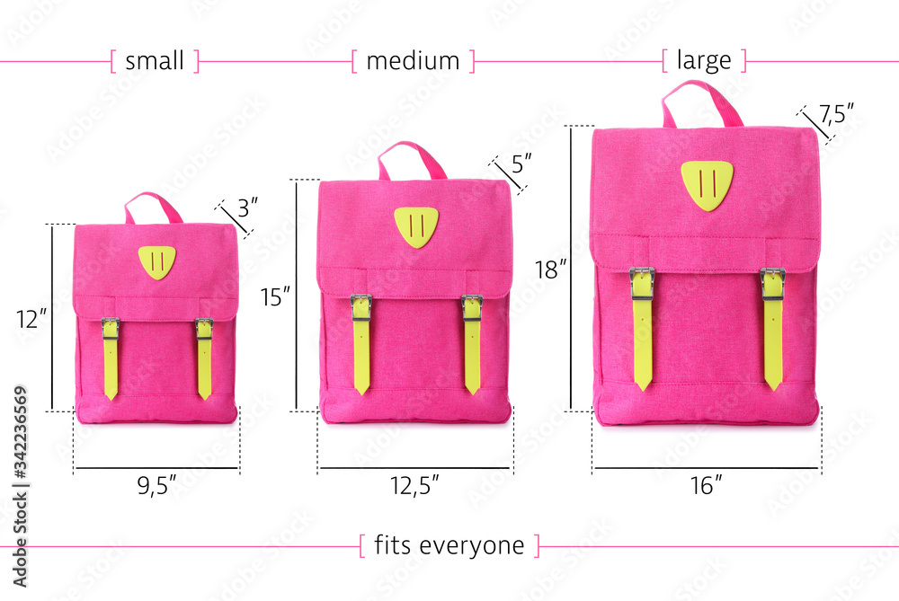 白色背景下不同尺寸的学校背包