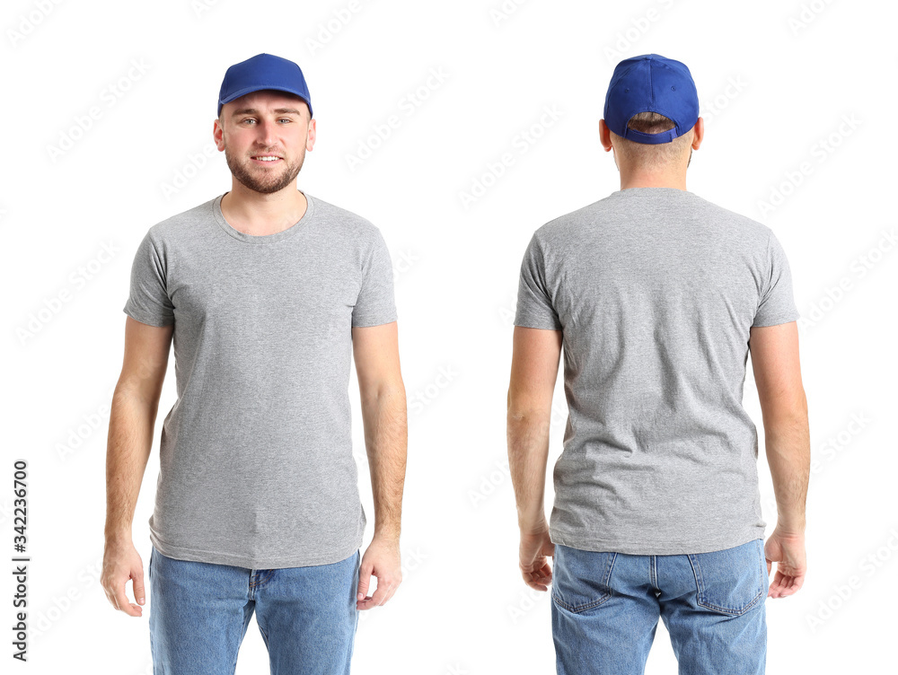 Handsome man in stylish cap on white background. Front and back view