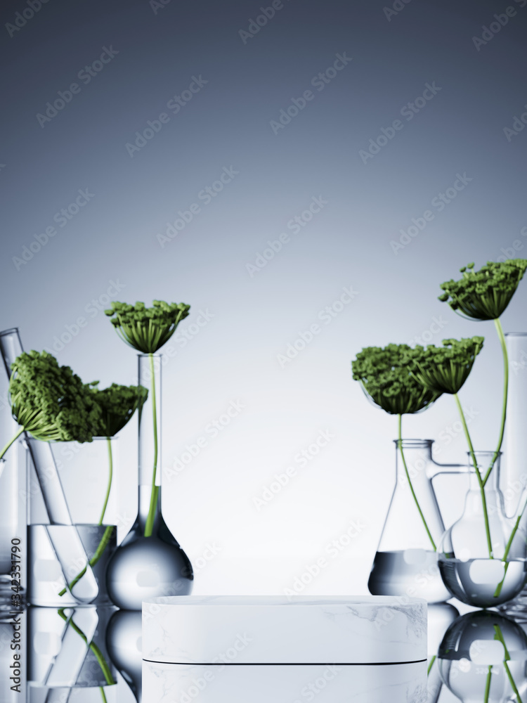 Minimal cosmetic composition for natural and organic concept. White marble podium and green leaves i