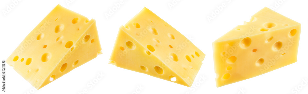 Cheese isolated. Cheese pieces on white background. Cheese collection. Clipping path.