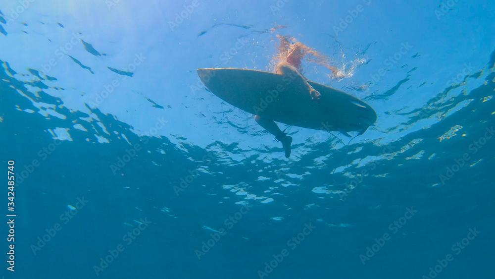 UNDERWATER: Unrecognizable girl on active summer vacation sits on a surfboard.