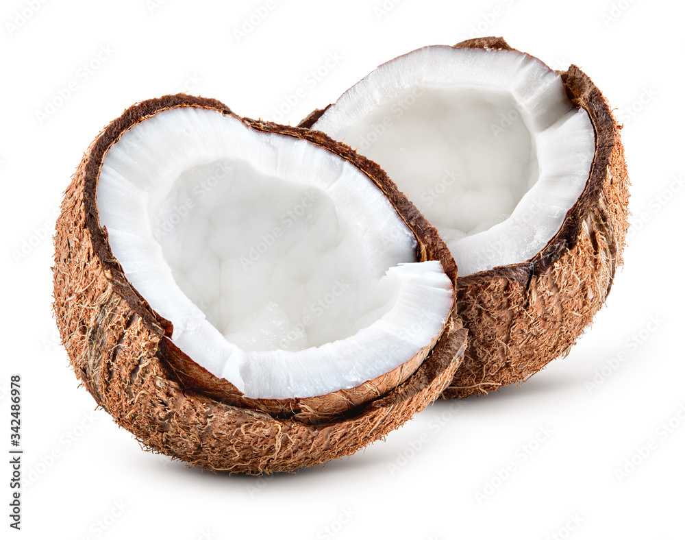 Coco white. Coconut slice. Coconut pieces isolated. Coconuts half on white.