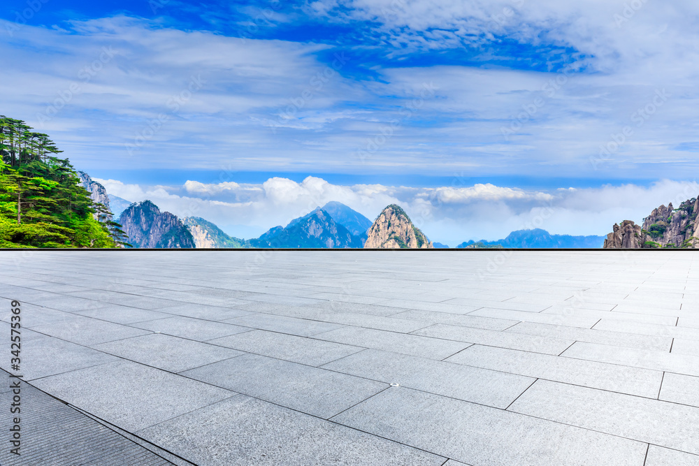 Empty square floor and green mountain with beautiful clouds natural landscape.