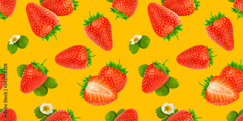 Strawberry seamless pattern on yellow background