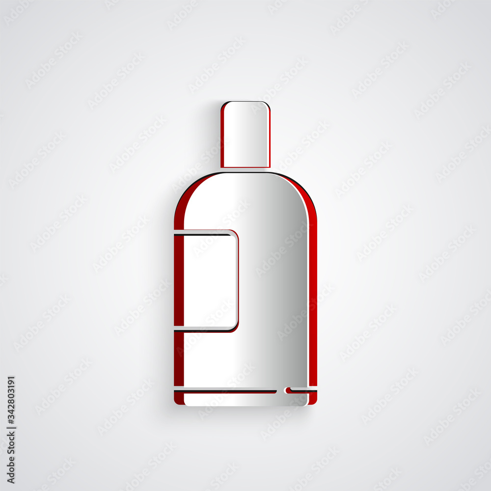 Paper cut Bottle of shampoo icon isolated on grey background. Paper art style. Vector Illustration