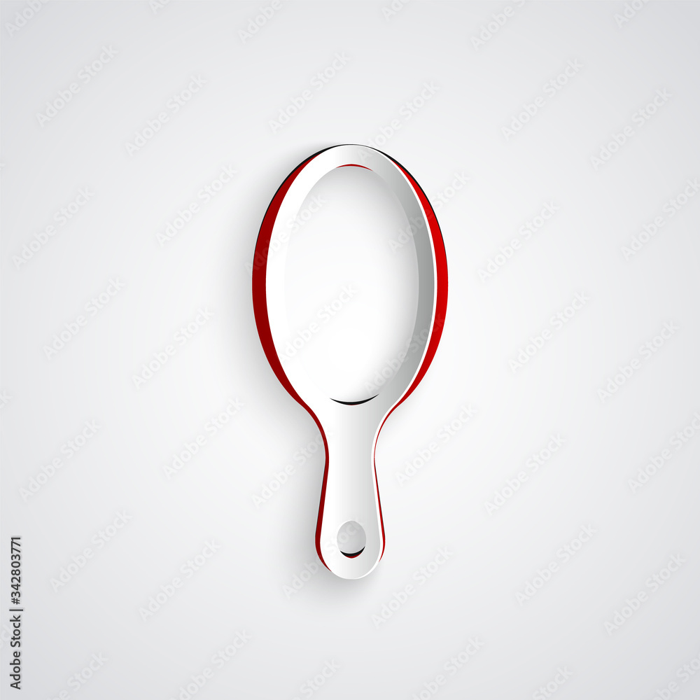 Paper cut Hand mirror icon isolated on grey background. Paper art style. Vector Illustration