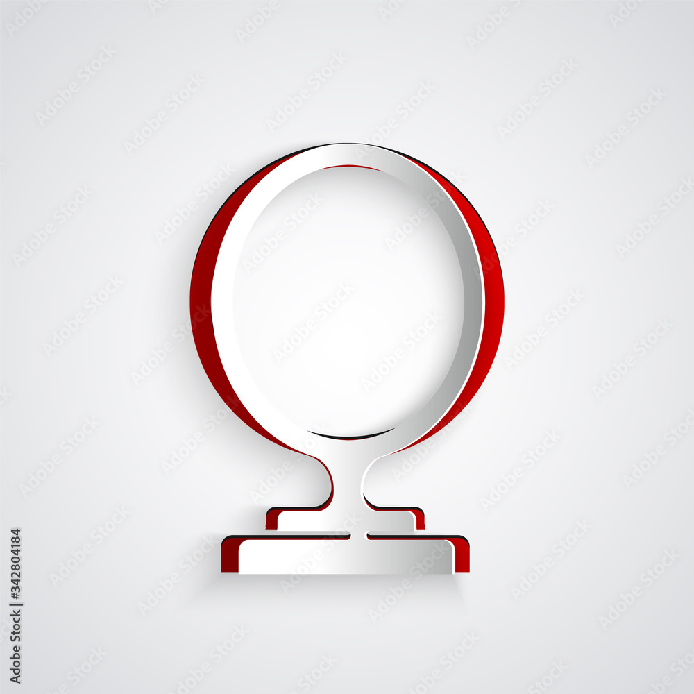 Paper cut Round makeup mirror icon isolated on grey background. Paper art style. Vector Illustration