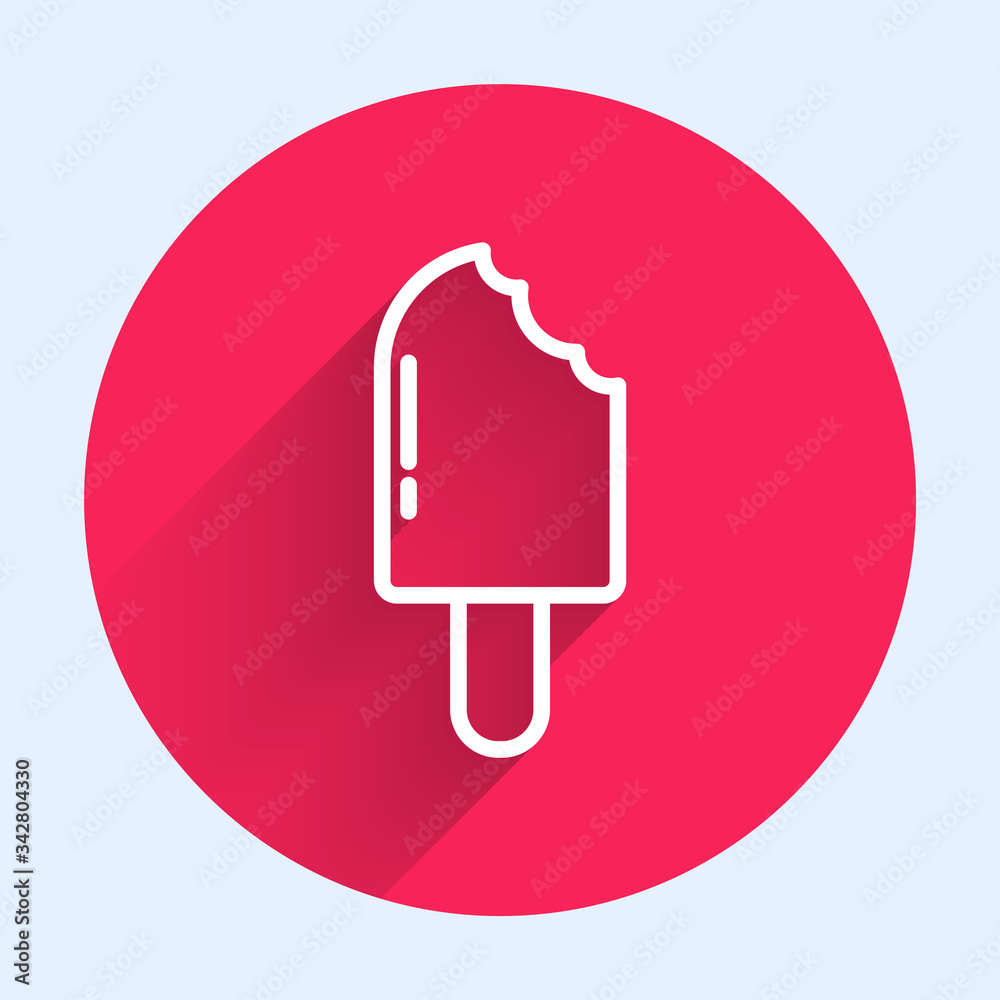 White line Ice cream icon isolated with long shadow. Sweet symbol. Red circle button. Vector Illustr