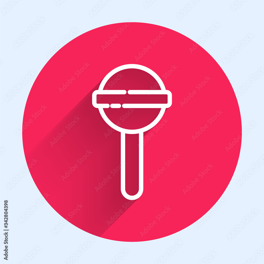 White line Lollipop icon isolated with long shadow. Food, delicious symbol. Red circle button. Vecto