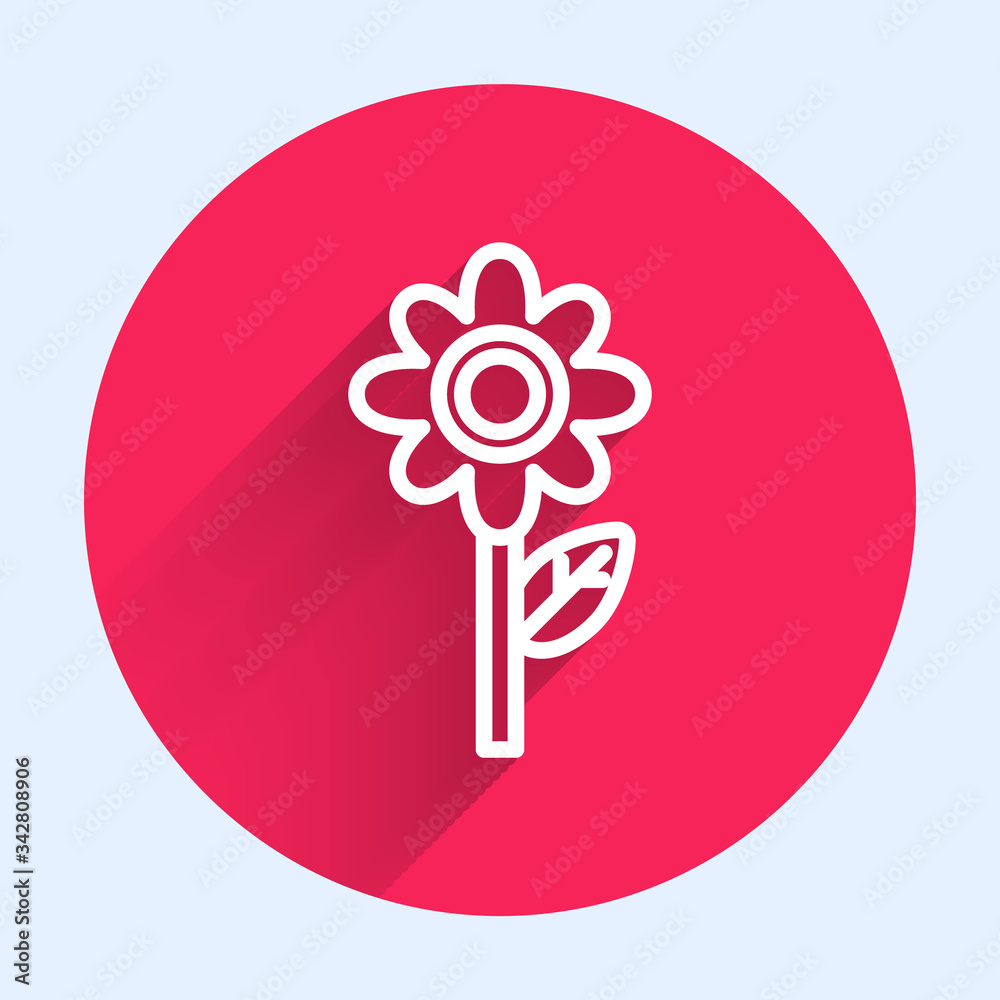 White line Flower icon isolated with long shadow. Red circle button. Vector Illustration